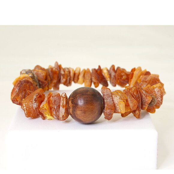 Natural Baltic Amber Bracelet, Real Amber Beads With Agarwood Bead, Unisex Style - Picture 1 of 9